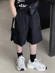 Dazy Kids 男童侧条纹工装口袋宽松短裤 - 黑色 - 查看 4