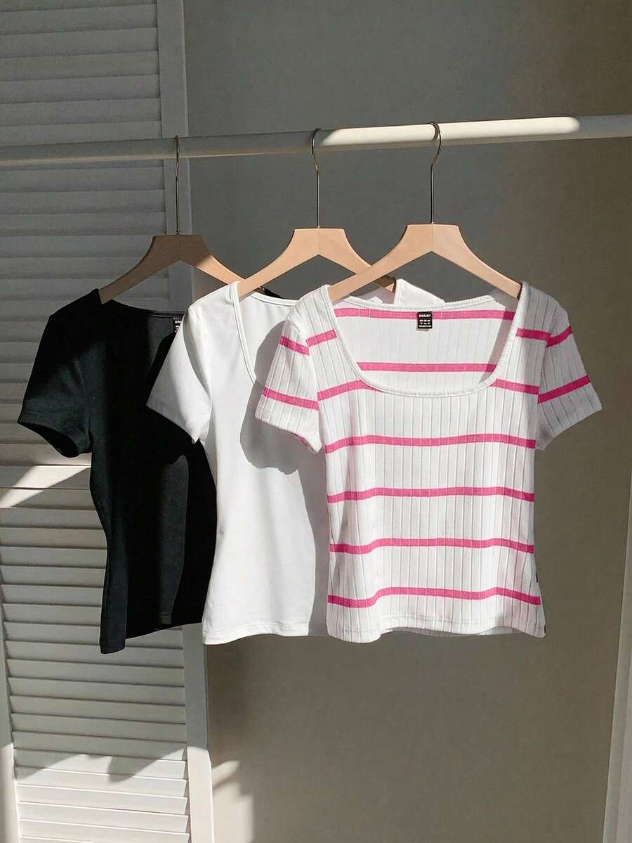 Comfortcana 3件套女士基础款圆领短袖T恤，黑白配色 - 粉色 - 查看 1