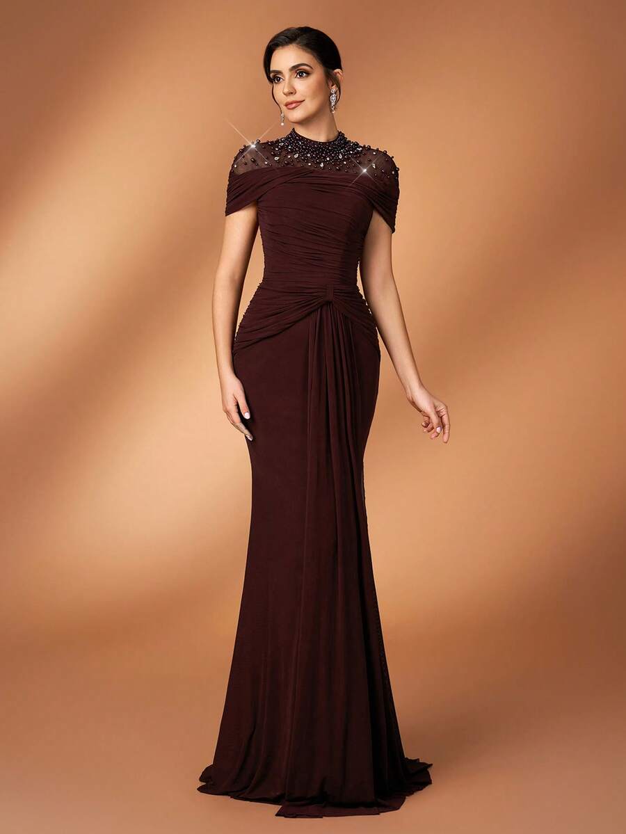 Serin 优雅奢华的菱形图案薄纱拼接弹力针织褶皱袖鱼尾裙，适合婚礼、派对、度假、舞会、新娘母亲晚礼服 - 酒紅色 - 查看 1