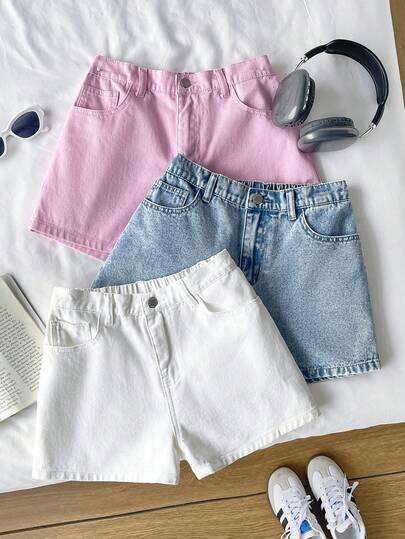 SHEIN Teen Girls Spring Summer Beach Boho Holiday 3 Pieces Denim Short Solid Light Washed Pink Ripped Raw Hem Casual Baggy Denim Jeans Shorts,Girls Summer Concert Rave Festival Outfits,Graduation Outfits,Girls Summer Brunch Outfits,Beach Vacation Outfits Kids,Country Concert Outfit, Suitable For Girls Festivals, Family Gatherings And Special Occasions, Sibling Outfits Sisters Style Outfit, Cute & Elegant & Sweet & Vintage & Fashionable. Spring And Summer,