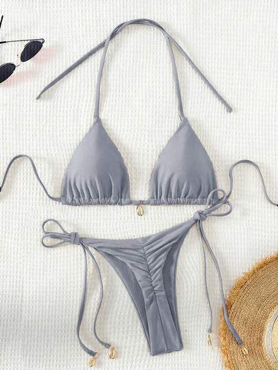 Swim Basics 女士纯色褶皱比基尼套装，海滩度假