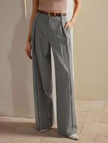 Anewsta Pantaloni a gamba dritta e ampia, stile urbano alla moda minimalista, a righe marroni Maillard, adatti per il pendolarismo, per le donne durante il Natale e il Capodanno - Grigio - Visualizzare 3