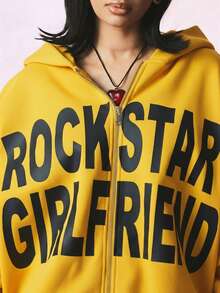 SUMWON WOMEN Oversized Hooded Sweatshirt With Zip Front And Bold Letter Graphics For Casual Comfort - Yellow - View 4