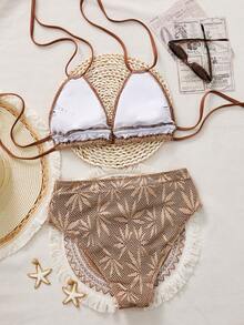 Swim Chiccia 2026 New 2pcs Women's Swimwear, Textured Fabric, Backless Sexy Design, Bikini Set, Suitable For Beach, Vacation, Summer - Coffee Brown - View 5