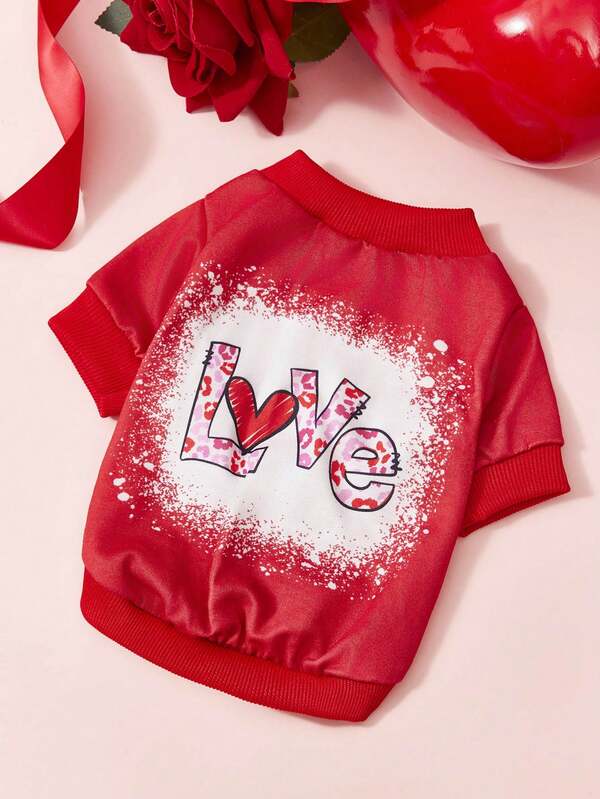 PETSIN 1件印花情书图案卫衣，厚实保暖，适合秋冬季节，红色