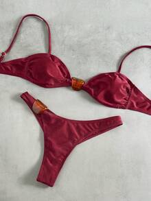 Swim Basics 2件套纯色石纹装饰优雅女士泳装套装，春夏款 - 酒紅色 - 查看 5