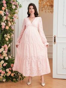SHEIN Elegant Maternity V-Neck Long Sleeve Ruched Waist Dress - Pink - View 7