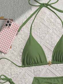Swim Mod Bộ 3 món gồm áo bikini tam giác buộc dây cổ và váy ngắn màu trơn dành cho nữ, thích hợp mặc mùa hè. - màu xanh lá - Xem 6