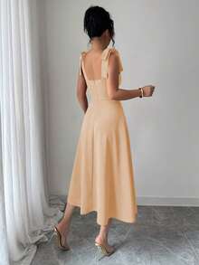 Vestido de mujer elegante y romántico con tirantes finos sin mangas, cintura ceñida con lazo y falda evasé, para Halloween, festival de música, fiesta y uso casual en otoño - Albaricoque - Ver 2