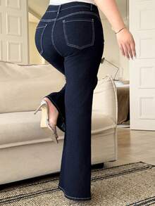 Dazy Plus 深色水洗蓝色弹力修身喇叭牛仔裤，四季皆宜 - 深色水洗藍 - 查看 2