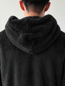 Claim Dot 男士纯色落肩长袖连帽衫带口袋休闲套装，秋冬款 - 黑色 - 查看 6