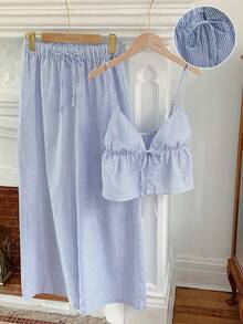 SHEIN PETITE CURVE Bộ đồ nữ cỡ lớn đi nghỉ mát gồm áo hai dây kẻ sọc buộc dây phía trước và quần ống rộng, set 2 mảnh thường ngày, bộ đồ mùa hè nữ, set đồ cotton 2 mảnh họa tiết kẻ caro. - Xanh và trắng - Xem 7