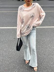 DAZY Camiseta de mujer de corte holgado con cuello redondo y estampado floral - Beis - Ver 4