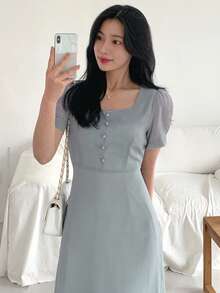 DAZY Women's Square Neck Waist Cinched Short Sleeve Chiffon Midi Dress - Blue - View 4