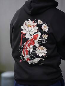 Heavens Edit 男士休闲街头鲤鱼莲花印花口袋抽绳连帽衫，保暖内衬，秋冬季长袖上衣 - 黑色 - 查看 3