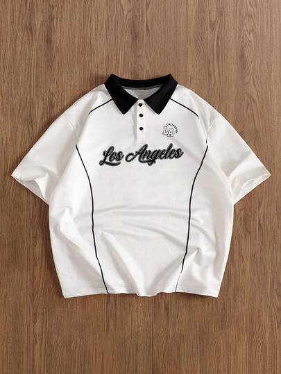 TOKVUE 男士字母印花短袖休闲通勤 Polo 衫，男士夏季服装，青少年服装，翻领短袖纽扣撞色 Polo 衫，“洛杉矶”印花，日常休闲，适合外出，送给男朋友的绝佳礼物，返校季，学院风，常春藤联盟风格