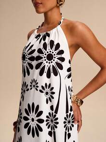 Breezaya 女士宽松露背印花中长连衣裙，休闲海滩度假印花图案 - 黑與白 - 查看 7