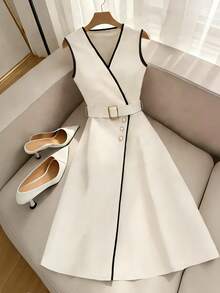 Qadelle 女士时尚优雅撞色滚边腰部中长连衣裙 - 杏色 - 查看 3