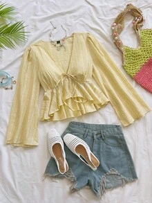 Soleia Women's Striped Front Tie V-Neck Flare Sleeve Ruffle Hem Blouse - Light Yellow - View 3