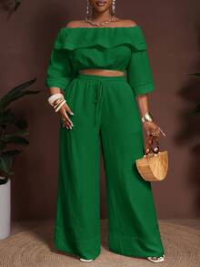 Veslaya 2025新款春夏沙滩/户外休闲/音乐节/复古西式度假/休闲度假/旅游/城市度假宽松白色竹纤维露肩荷叶边半袖短款上衣，配有松紧腰带抽绳和口袋，搭配阔腿裤两件套 - 綠色 - 查看 4