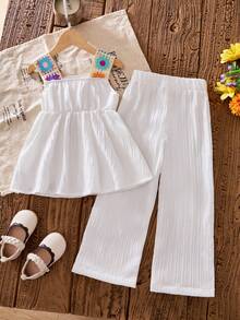 两件套女童碎花钩针吊带背心和裤子，春夏外出和度假的可爱套装 - 白色 - 查看 2