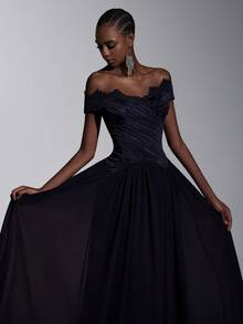 Elitara Elegant Luxury Textured Off-Shoulder Lash Lace Trim Ruched Maxi A-Line Dress, Evening Gown, Lightweight Mesh Dress, Valentine's Day - Navy Blue - View 2