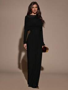 SHEIN BAE 女士优雅简约纯色船领修身连衣裙，春秋季 - 黑色 - 查看 3