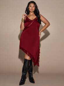 SHEIN BAE 大码宽松方肩修身半身裙垂褶环扣细节T恤裙街头风可爱优雅休闲性感秋季外出太妃糖色鸡尾酒裙，适合圣诞节、情人节、感恩节等场合，优雅连衣裙，棕色连衣裙 - 酒紅色 - 查看 4