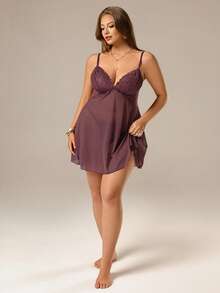 Auralis Bộ 2 món: Váy ngủ lưới ren tương phản cỡ lớn gợi cảm + Quần lót dây chữ G - Màu Tím - Xem 5