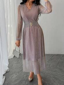 DAZY Robe longue élégante pour femmes avec décoration de sequins, robe scintillante, robe d'été - Rose bonbon - Voir 5
