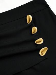 Sweetra 大码女式设计二合一金属扣装饰西装裤，修身，优雅，百搭，适合工作和休闲穿着，直筒裤，秋冬 - 黑色 - 查看 3