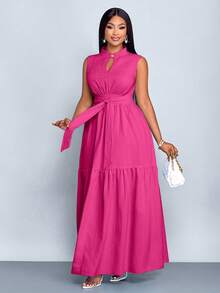 SOLERSUN 加大码蓝色立领前开襟无袖束腰系带连衣裙女式优雅休闲时尚通勤外出连衣裙夏季新款女装 - 玫紅色 - 查看 5