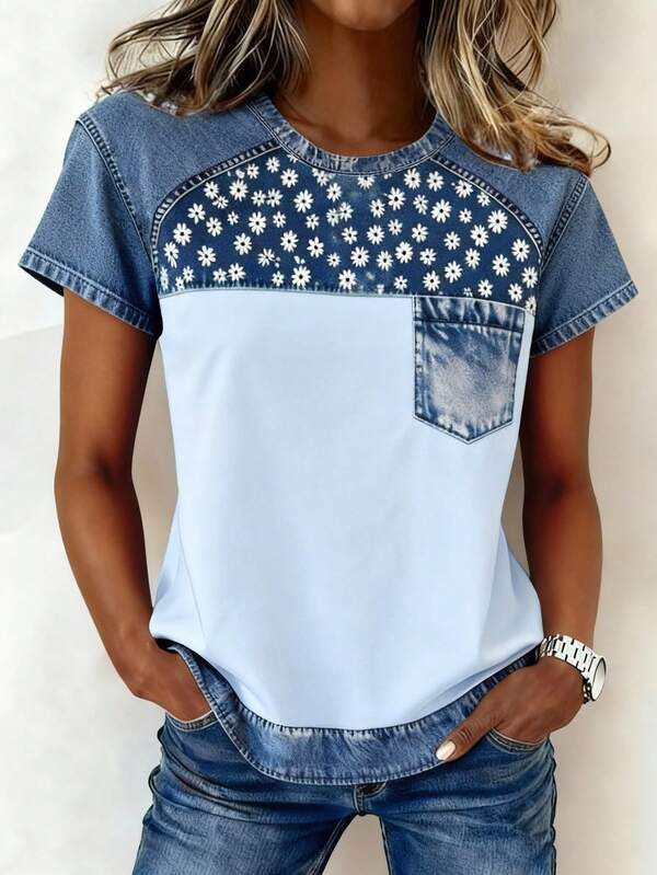 EMERY ROSE Camiseta de mujer de manga corta con cuello redondo y parches de mezclilla