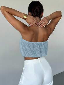 Aloruh 新款性感褶皱领口弹力收拢金属扣装饰修身露脐上衣 - 淺藍色 - 查看 2