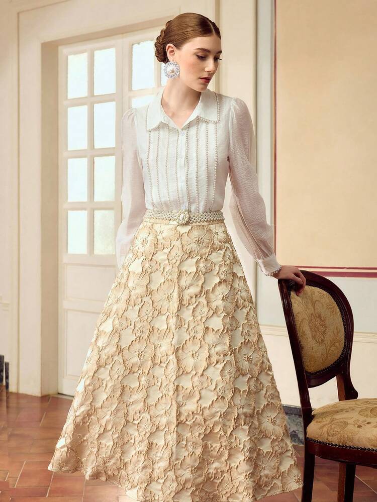 ZEYLAH 定制珍珠链细节女式长袖单排扣优雅衬衫 - 白色 - 查看 1