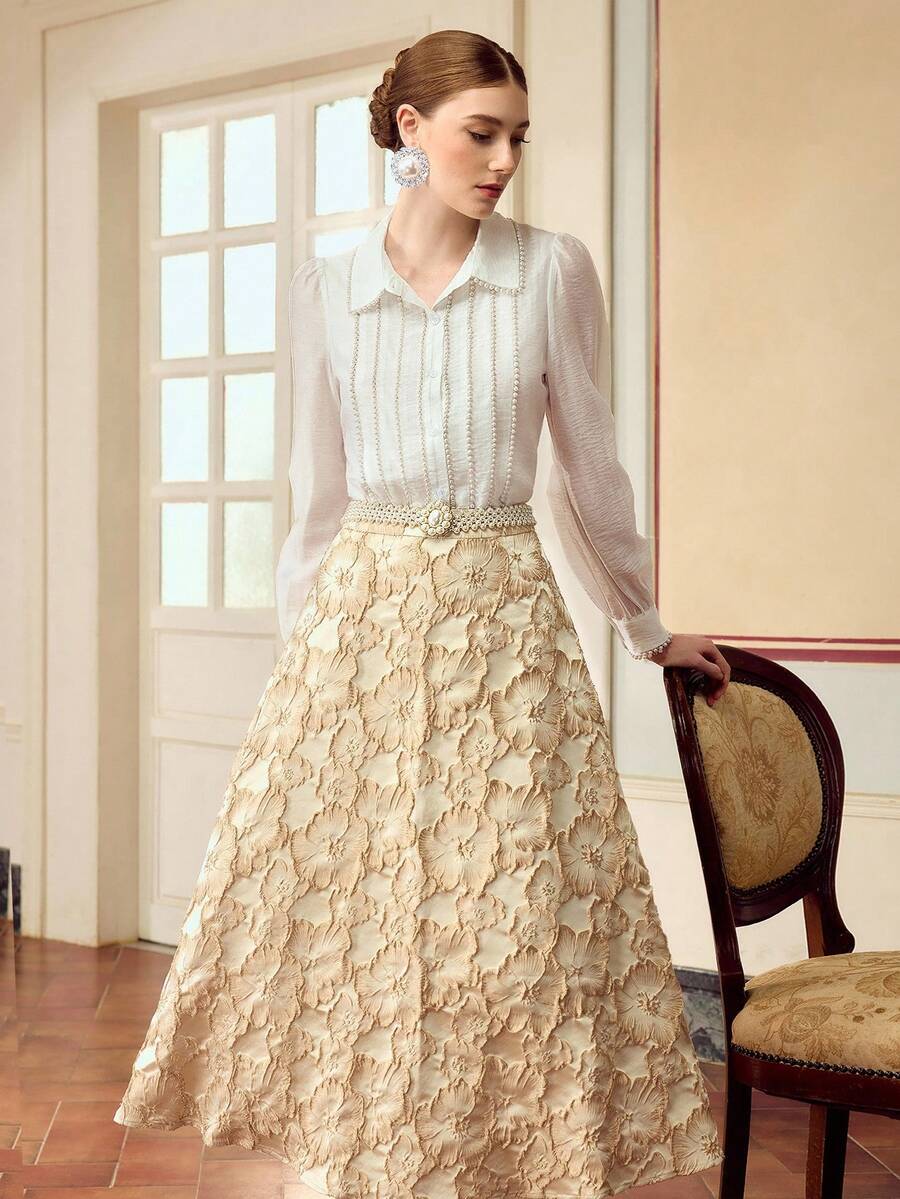 ZEYLAH 定制珍珠链细节女式长袖单排扣优雅衬衫 - 白色 - 查看 1