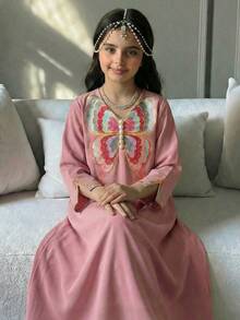 SHEIN 少女款腮紅粉秋季正式派對 Ahlam 祈禱長袖蝴蝶結印花 V 領阿拉伯長裙，優雅兒童 Abaya Jalabiya 波希米亞風 - 白色 - 查看 1