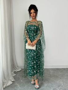 SHEIN Raffinéa 优雅花卉刺绣抹胸连衣裙和薄纱罩衫两件套，适合派对、春夏穿着 - 綠色 - 查看 6