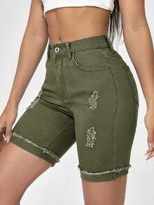 Flexra Women's Green Denim Biker Shorts Casual Zipper Distressed Short Shorts - Green - View 4