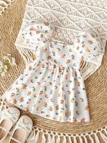 Đầm ngắn tay cổ vuông in hoa dễ thương cho bé gái, thích hợp cho kỳ nghỉ hè. - trắng - Xem 5