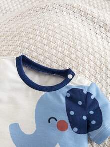 SHEIN Newborn Baby Cute Elephant Print Short Sleeve T-Shirt & Floral Shorts Set, Summer - Navy Blue - View 4