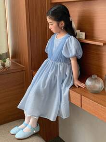 DAZY Young Girl' Round Neck Birthday Party Puff Sleeve Korean Style Formal Dress - Blue - View 4