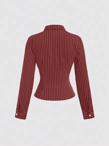 Sweetra Fashionable Contrast Color Textured Button Fitted Waist Flattering Striped Collar Long Sleeve Blouse For Women - Red - View 8