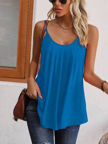SHEIN LUNE Áo camisole nữ màu trơn dáng rộng xếp ly thường ngày - Màu xanh lam - Xem 4