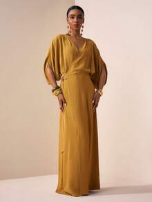 Zivah 2026春夏新款音乐节、复活节、圣帕特里克节、情人节、约会、西部风、游牧风、生日派对、毕业典礼、大学、学生、日常穿着、百搭基础款、休闲、度假、邮轮旅行、海滩、日光浴、爆款、街头风、婚礼宾客波西米亚风、通勤、早午餐、机场、派对、假日郊游、办公室着装 V领短袖亚麻长裙，腰部系带，金属装饰，开衩，飘逸，黄绿色 - 芥末黃 - 查看 5