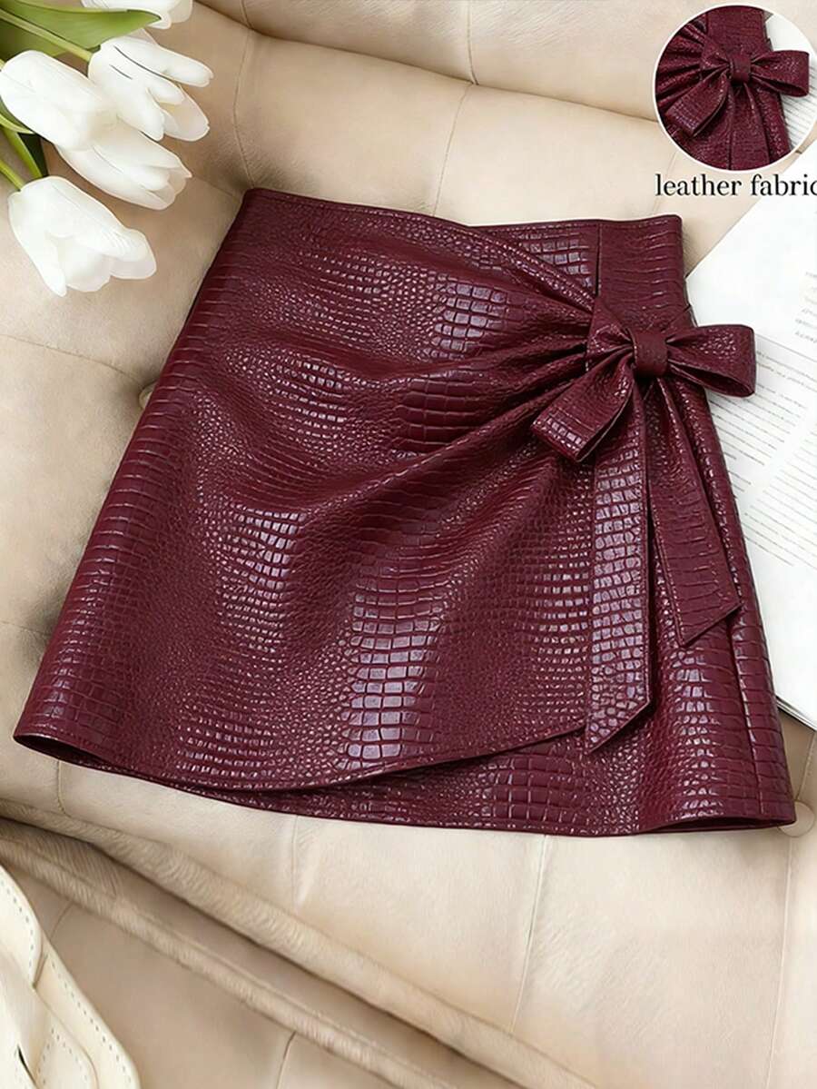 Franclia Minifalda elegante de mujer con lazo de piel sintética - Burdeos - Ver 1