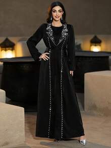 Layrah Rhinestone Embellished Handmade Long Abaya Jacket With Suit Collar Luxury Clothes For Women Sparkly Black Dress For Evening Party - Black - View 9