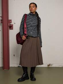 COUREZ Stripe High Neck Zip Front Knit Cardigan Top /Y2K Spring Clothes For Women Street Streetwear Cute Going Out Outfits Causal Knit Party Rave Knit Cardigan Summer Trousers Summer Outfits Funnel Neck Knit - Grey - View 2