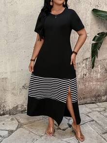 EMERY ROSE 大码女式条纹拼接圆领短袖开衩长裙。休闲撞色T恤裙，带口袋，适合母亲节、情人节、海滩度假、春夏穿着。 - 黑色 - 查看 5