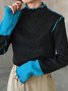 FRIFUL Camiseta de mujer de cuello alto, manga larga, ajustada, con puños, decoración de bloque de color y dobladillo ondulado - Negro - Ver 3